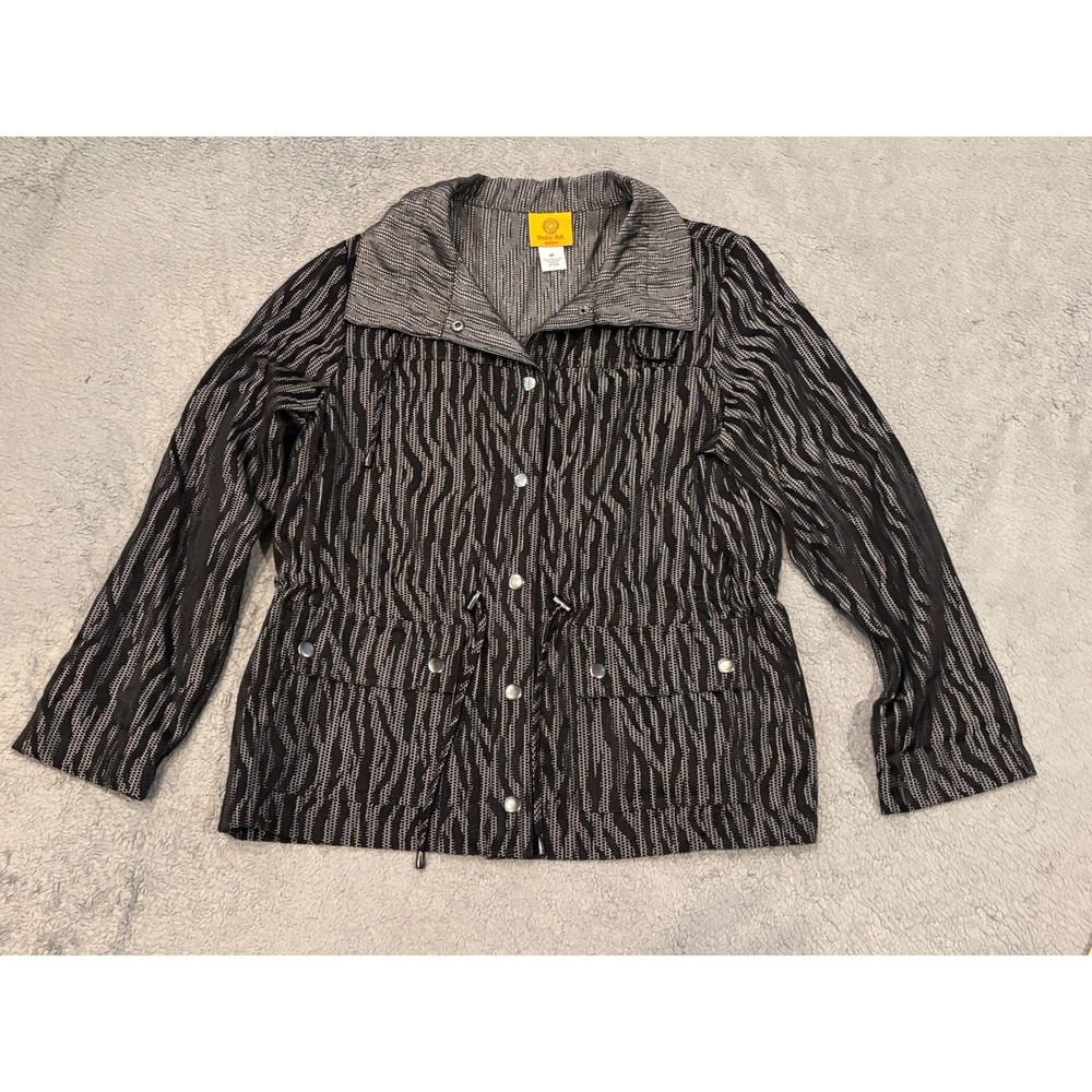 Ruby Rd Petite Womens Black White Abstract Snap Front Utility Jacket 8P